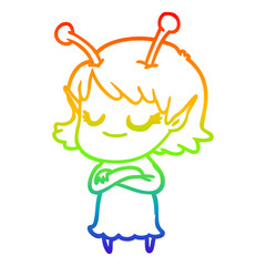 rainbow gradient line drawing smiling alien girl cartoon