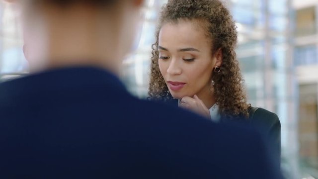 business woman team leader meeting with clients discussing legal documents for corporate proposal briefing shareholders entrepreneurs sharing ideas giving advice 4k
