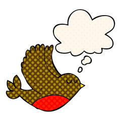 cartoon flying bird and thought bubble in comic book style