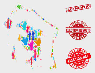 Ballot Bora-Bora map and seal stamps. Red rectangular Authentic scratched seal. Bright Bora-Bora map mosaic of raised referendum arms. Vector combination for election day, and referendum results.