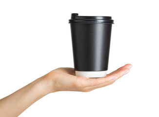 Woman hand holding coffee paper drinking cup