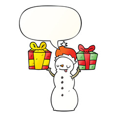 cartoon snowman and present and speech bubble in smooth gradient style