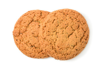 Homemade cookies. Two sweet cookie made from oatmeal flour. Tasty biscuit in high resolution closeup isolated on white background. Homemade bakery.