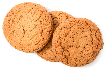 Homemade cookies. Three sweet cookie made from oatmeal flour. Tasty biscuit in high resolution closeup isolated on white background top view. Homemade bakery.