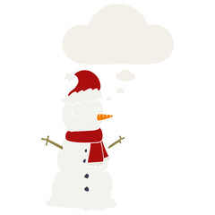 cartoon snowman and thought bubble in retro style