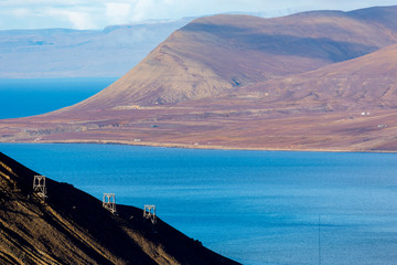 View from above to Adventdalen fjord and isfjord - the most Northern settlement in the world. Svalbard, Norway