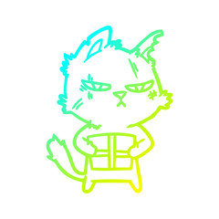 cold gradient line drawing tough cartoon cat with christmas present
