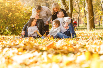 Happy Big Family in Autumn Park.Picnic