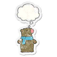 cartoon bear and thought bubble as a distressed worn sticker