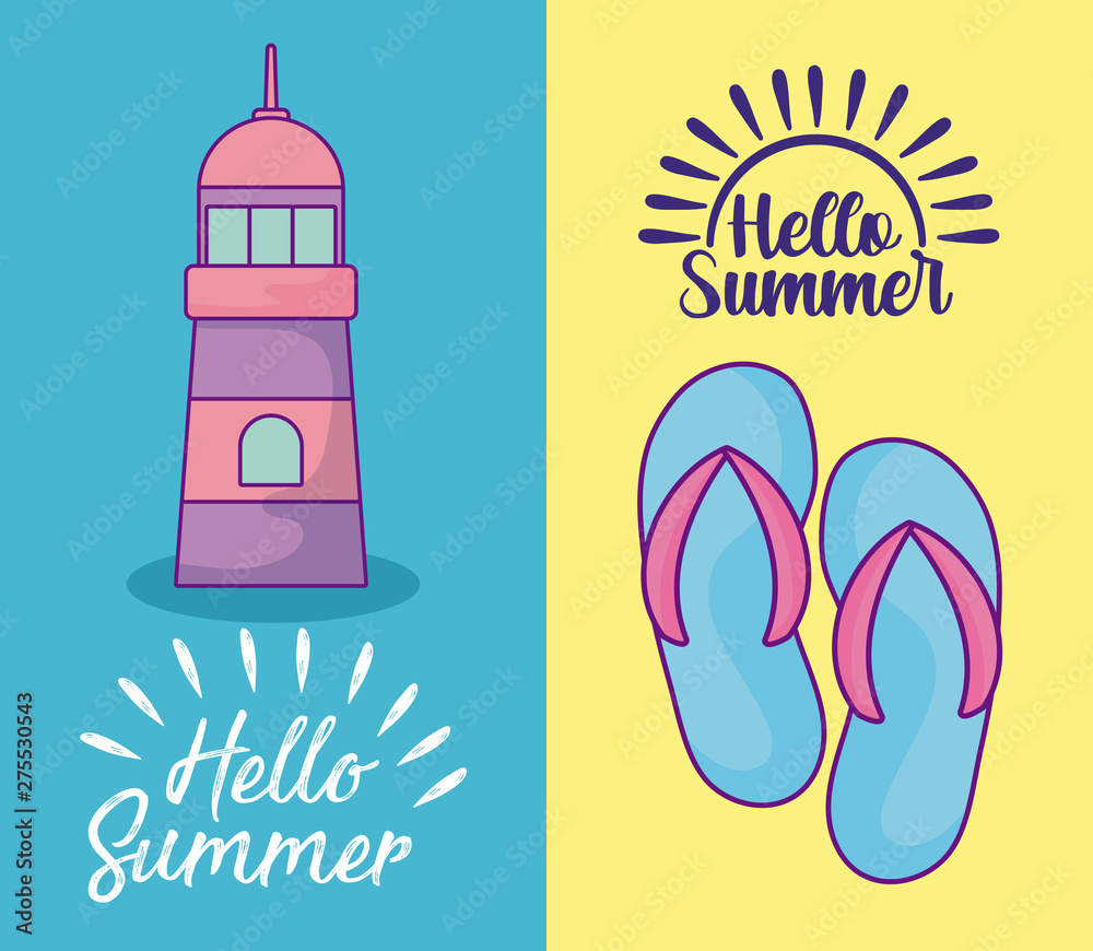 Sticker summer label with lighthouse and flip flops