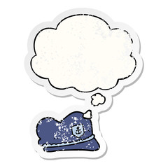 cartoon sailor hat and thought bubble as a distressed worn sticker