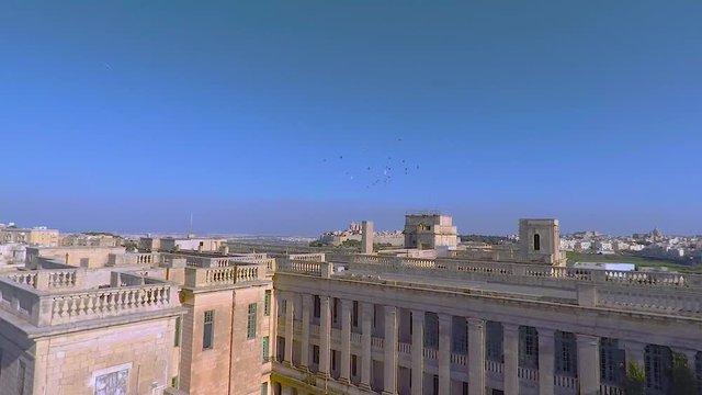 Pigeons flying in front of school
