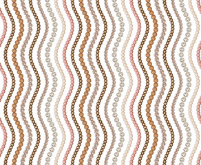 Seamless pattern of different beads. Pearl, glass, acrylic beads. Beads are arranged vertical wave. Costume jewellery.