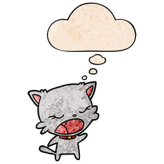 cartoon cat talking and thought bubble in grunge texture pattern style