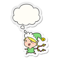 cartoon happy christmas elf and thought bubble as a printed sticker