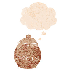 cartoon cookie jar and thought bubble in retro textured style