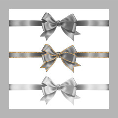 Set of three realistic gray silk ribbon bow with gold glitter shiny stripes, vector illustration elements isolated on white, for decoration, promotion, advetrisment,sale or celebration banner