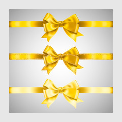 Set of three realistic yellow gold silk ribbon bow with gold glitter shiny stripes, vector illustration elements, for decoration, promotion, advetrisment, sale or celebration banner or card
