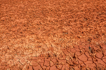 Cracked dry soil in Africa - global warming and greenhouse effect. Cracks in red soil at dry season.