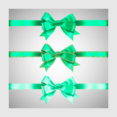 Set of three realistic light green silk ribbon bow with gold glitter shiny stripes, vector illustration elements, for decoration, promotion, advetrisment, sale or celebration banner or card
