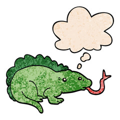 cartoon lizard and thought bubble in grunge texture pattern style