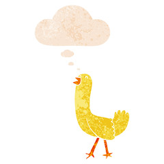 cartoon bird and thought bubble in retro textured style