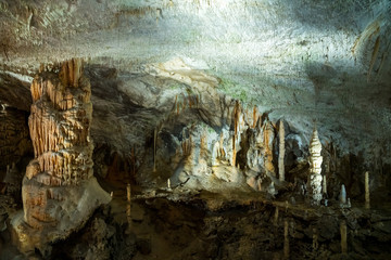 Stalactites and stalagmites underground in cave system in Postojna