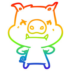 rainbow gradient line drawing angry cartoon pig
