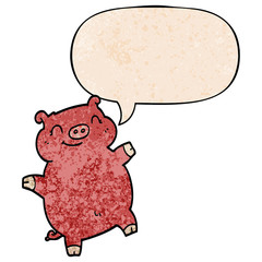 cartoon pig and speech bubble in retro texture style