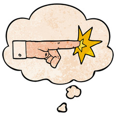 cartoon pointing hand and thought bubble in grunge texture pattern style