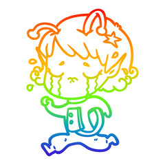 rainbow gradient line drawing cartoon crying alien girl