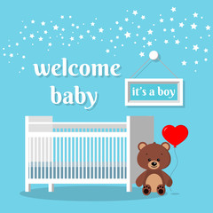 Welcome baby it's a boy. Baby room with white bed, sign, stars, brown teddy bear with red ballon and words. Nursery interior. Cartoon flat style vector illustration.