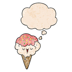 cartoon ice cream and thought bubble in grunge texture pattern style