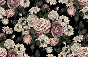 Elegant seamless pattern of blush toned rustic roses in black background great for textile print, background, handmade card design, invitations, wallpaper, packaging, interior or fashion designs. - 275533117