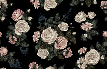 Panele Szklane  Elegancki bezszwowy wzór rumieniec stonowanych rustykalnych róż na czarnym tle, idealny do nadruku na tekstyliach, tła, ręcznie robionych projektów kart, zaproszeń, tapet, opakowań, wnętrz lub projektów mody.