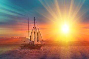 Old ancient ship on peaceful ocean at sunset. Calm waves reflection, sun setting. Copy space