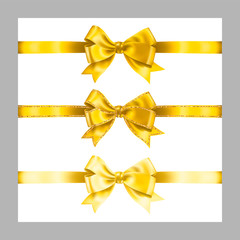 Set of three realistic yellow golden silk ribbon bow with gold glitter shiny stripes, vector illustration elements isolated on white, for decoration, promotion, advetrisment,sale or celebration banner
