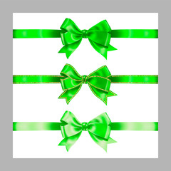 Set of three realistic green silk ribbon bow with gold glitter shiny stripes, vector illustration elements isolated on white, for decoration, promotion, advetrisment,sale or celebration banner or card