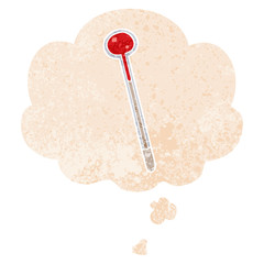 cartoon thermometer and thought bubble in retro textured style