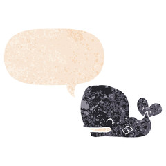 cartoon whale and speech bubble in retro textured style