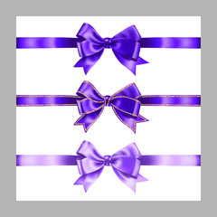 Set of three realistic purple silk ribbon bow with gold glitter shiny stripes, vector illustration elements isolated on white, for decoration, promotion, advetrisment,sale or celebration banner