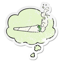 cartoon marijuana joint and thought bubble as a distressed worn sticker