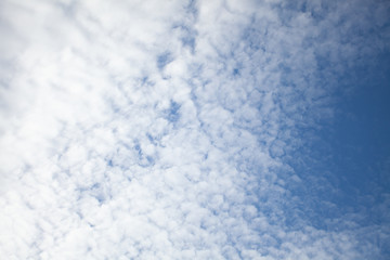 Beautiful view of hight blue sky with clouds. Happiness and freedom. Concept of climate, weather, environment. Background for design. Copy space.