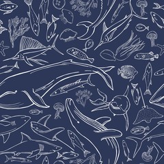 Hand drawn whales and fish. Vector  seamless pattern.