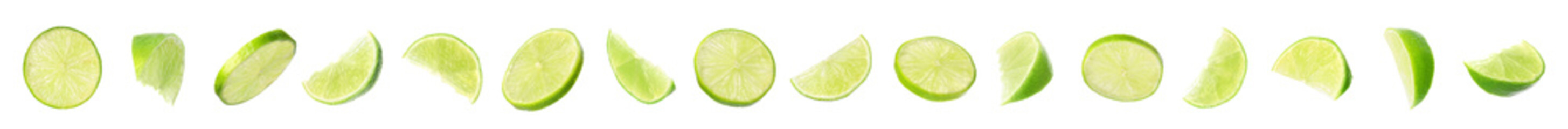Set of cut fresh juicy lime on white background. Banner design