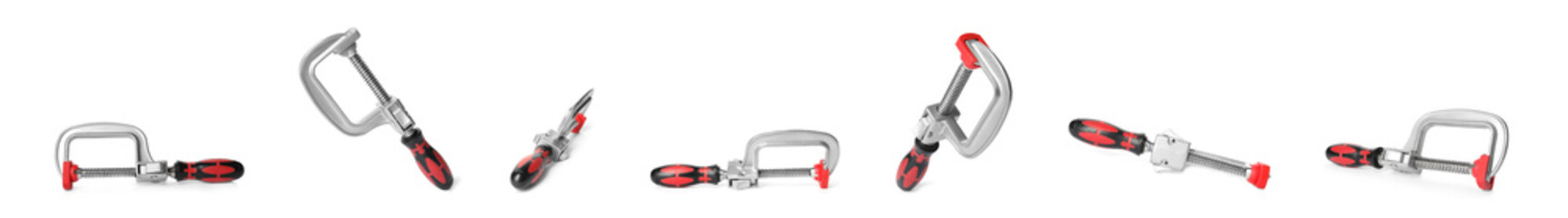 Set of clamps on white background. Construction tools