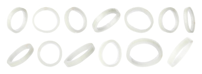 Set of flying cut fresh onion on white background. Banner design