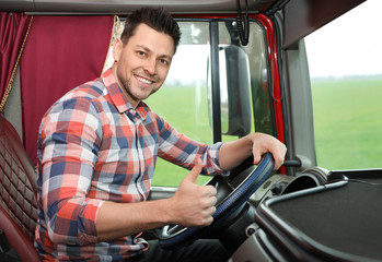 Professional driver sitting in cab of modern truck