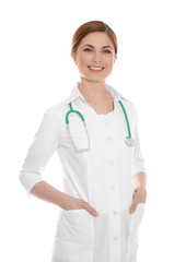 Fototapeta premium Portrait of medical doctor with stethoscope isolated on white