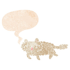 cartoon cat and speech bubble in retro textured style
